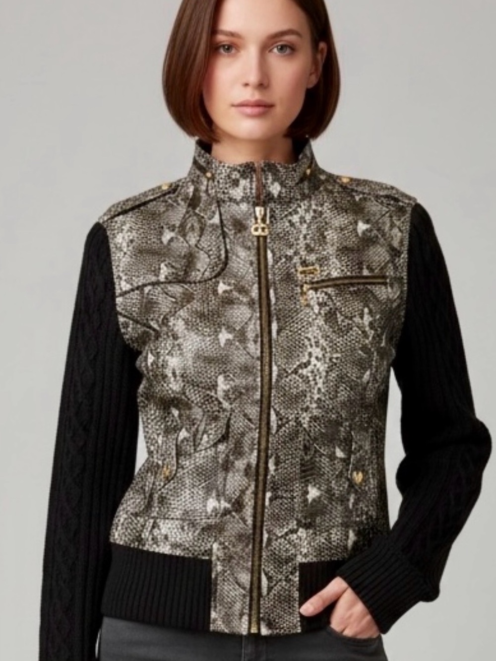 Stylish Black, White, & Gray Snakeskin Printed Moto Jacket. Sz. L